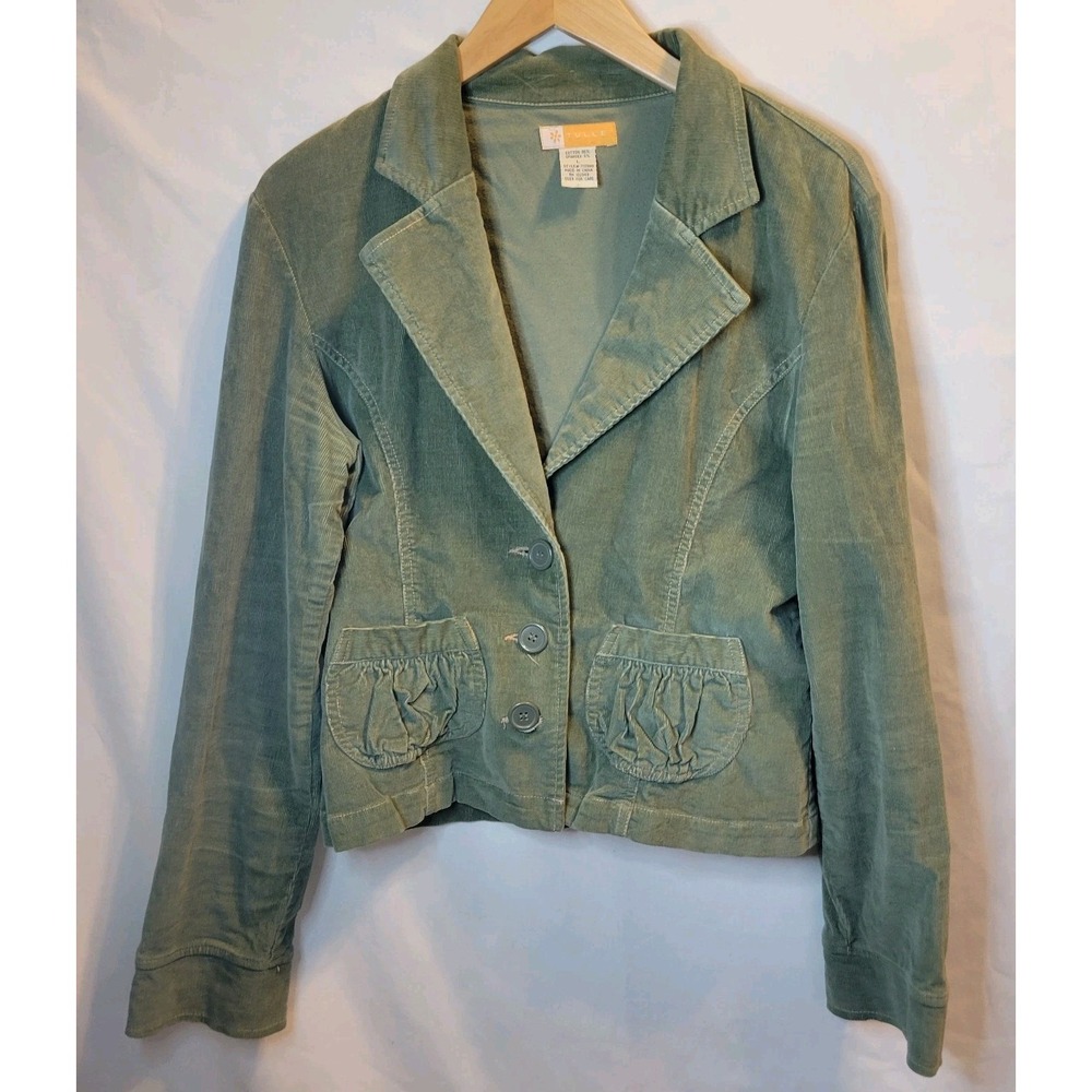 Tulle Womens Corduroy Jacket Green Button Up Cotton Blend Stretch Sz Large